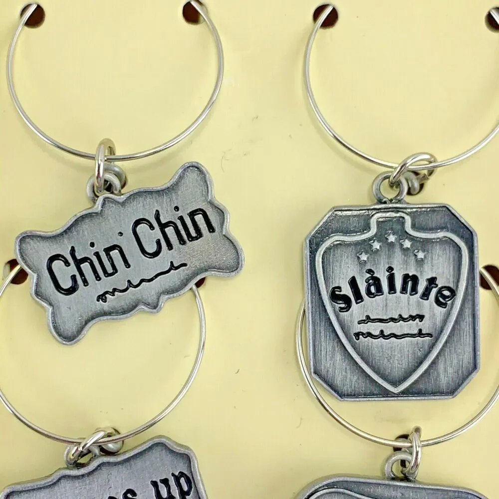 Past Times Wine Charms Set of 6 Silver Tone Metal‎ Wit and Wisdom New in Box
